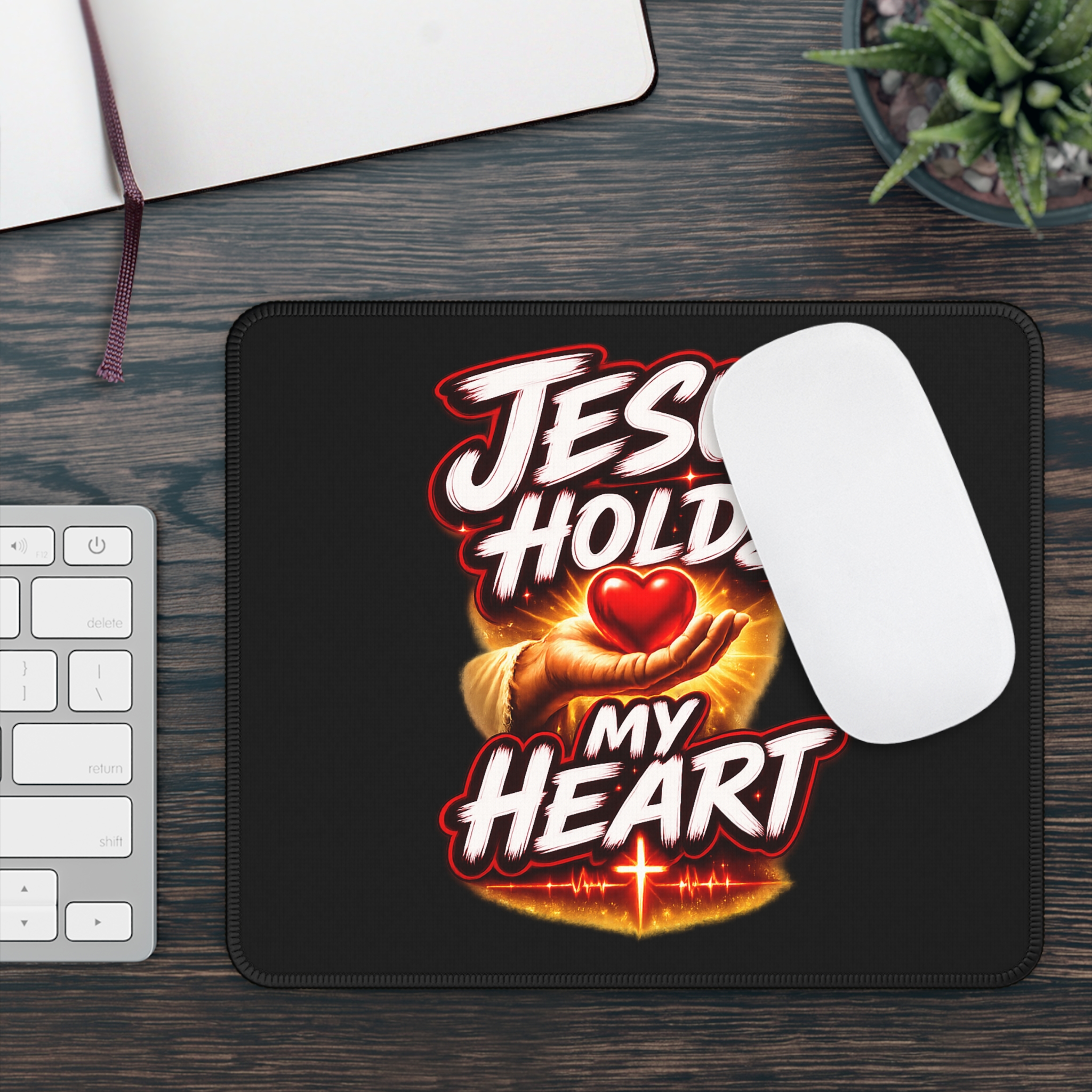 Jesus Holds My Heart — Crimson Mercy Mouse Pad - Image 3