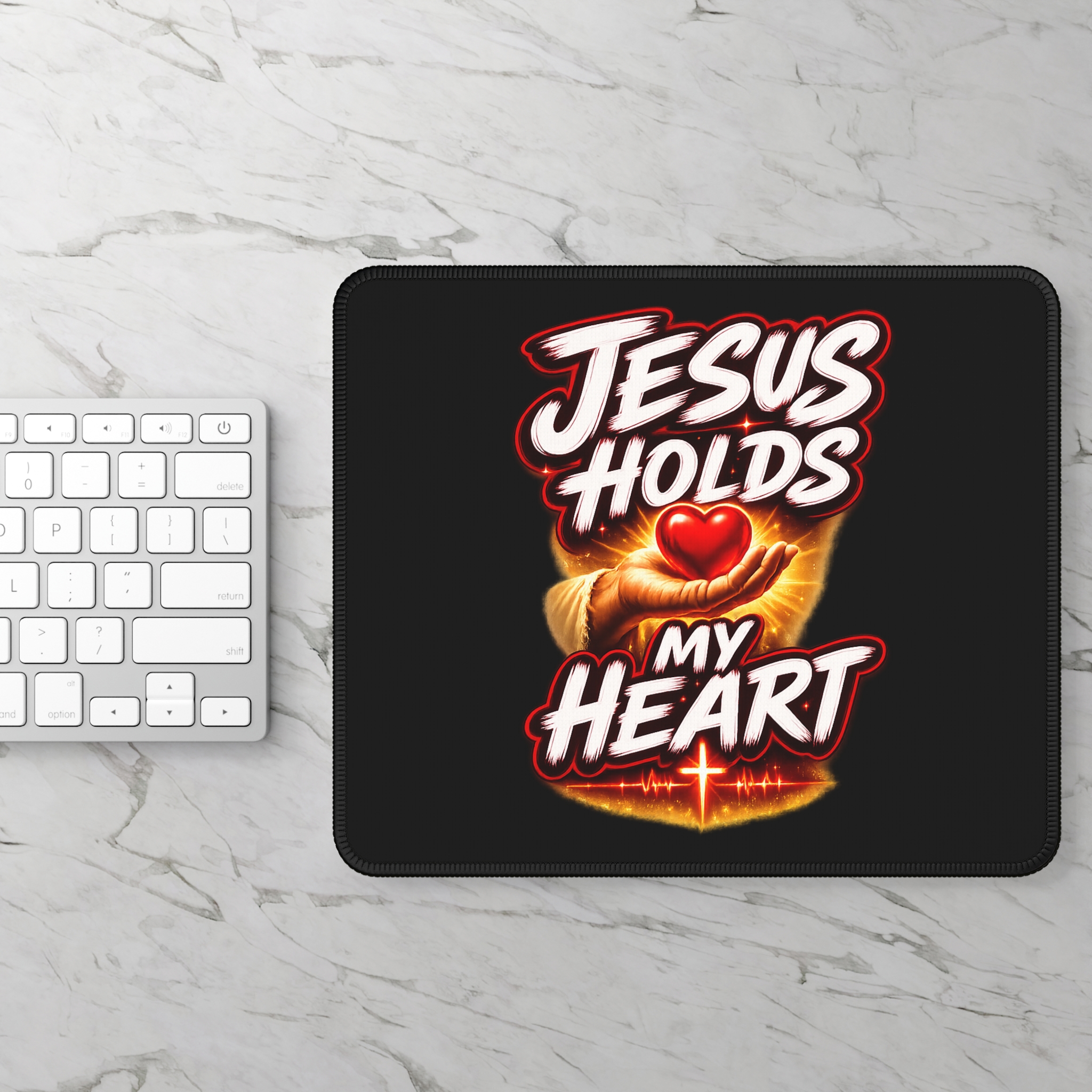Jesus Holds My Heart — Crimson Mercy Mouse Pad - Image 2